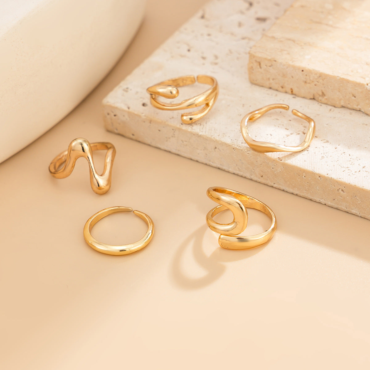 Minimalist Wavy Geometric Zinc Alloy Open Toe Ring Set for Women