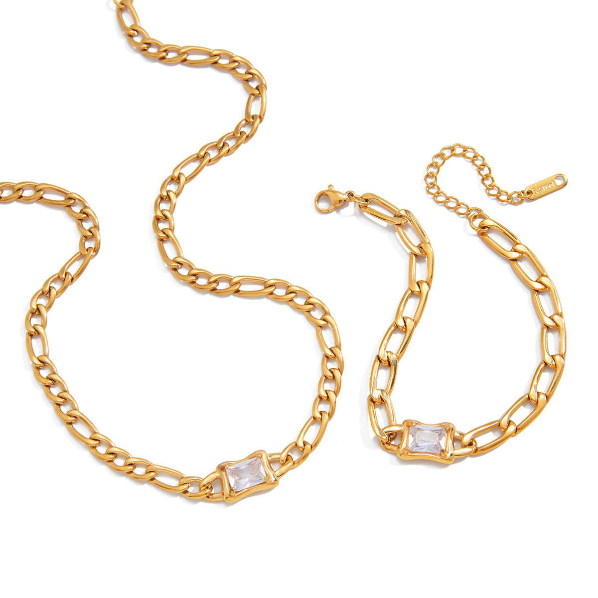 Minimalist Geometric Square Cubic Zirconia Stainless Steel Necklace and Bracelet Set for Women