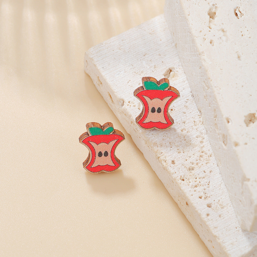 Sweet Cartoon Wood Geometric Apple Carrot Stud Earrings for Kids