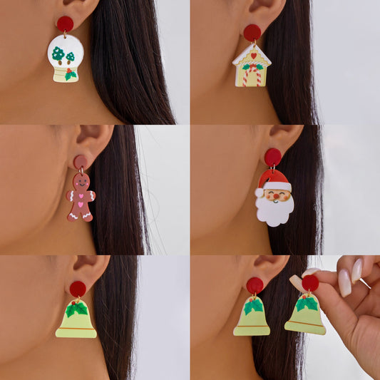 Pendientes acrílicos de Navidad dulces y atrevidos con motivos de casa de corazón, hombre de jengibre, campana y Papá Noel
