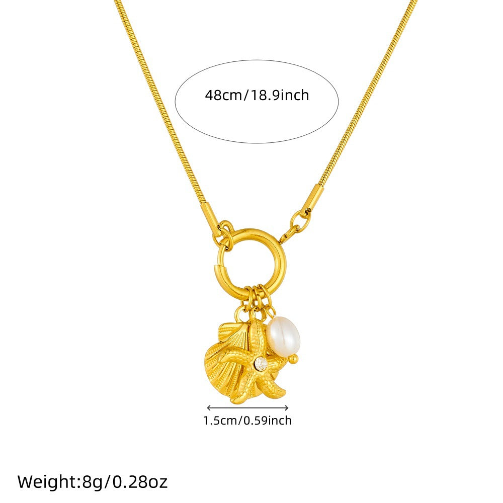 Collana da donna con ciondolo a stella marina e conchiglia, placcata oro su catena snake, in acciaio inossidabile, a tema oceanico