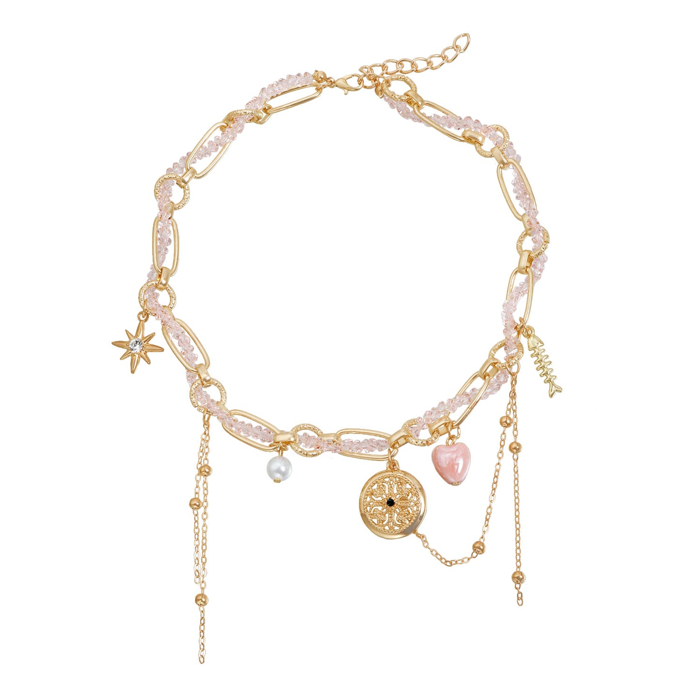 Vintage Heart Geometric Hollow Flower Crystal Plated Alloy Necklace Earring Set for Women