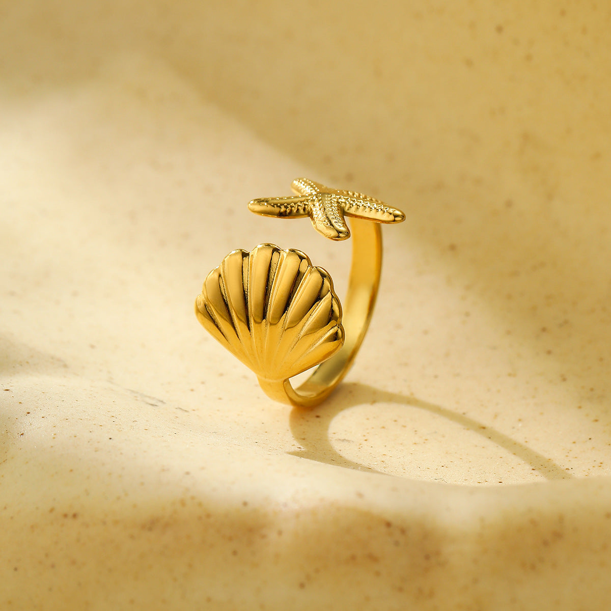 Anello regolabile da donna in acciaio inossidabile placcato, a forma di conchiglia e stella marina, stile vacanza
