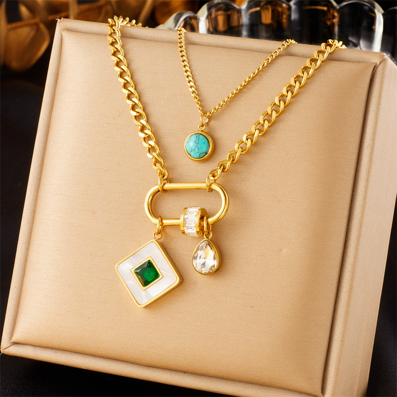 Collana Pendente Quadrata Turchese Minimalista Vintage con Catena Serpente Doppia Strato in Acciaio Inossidabile Placcato Oro