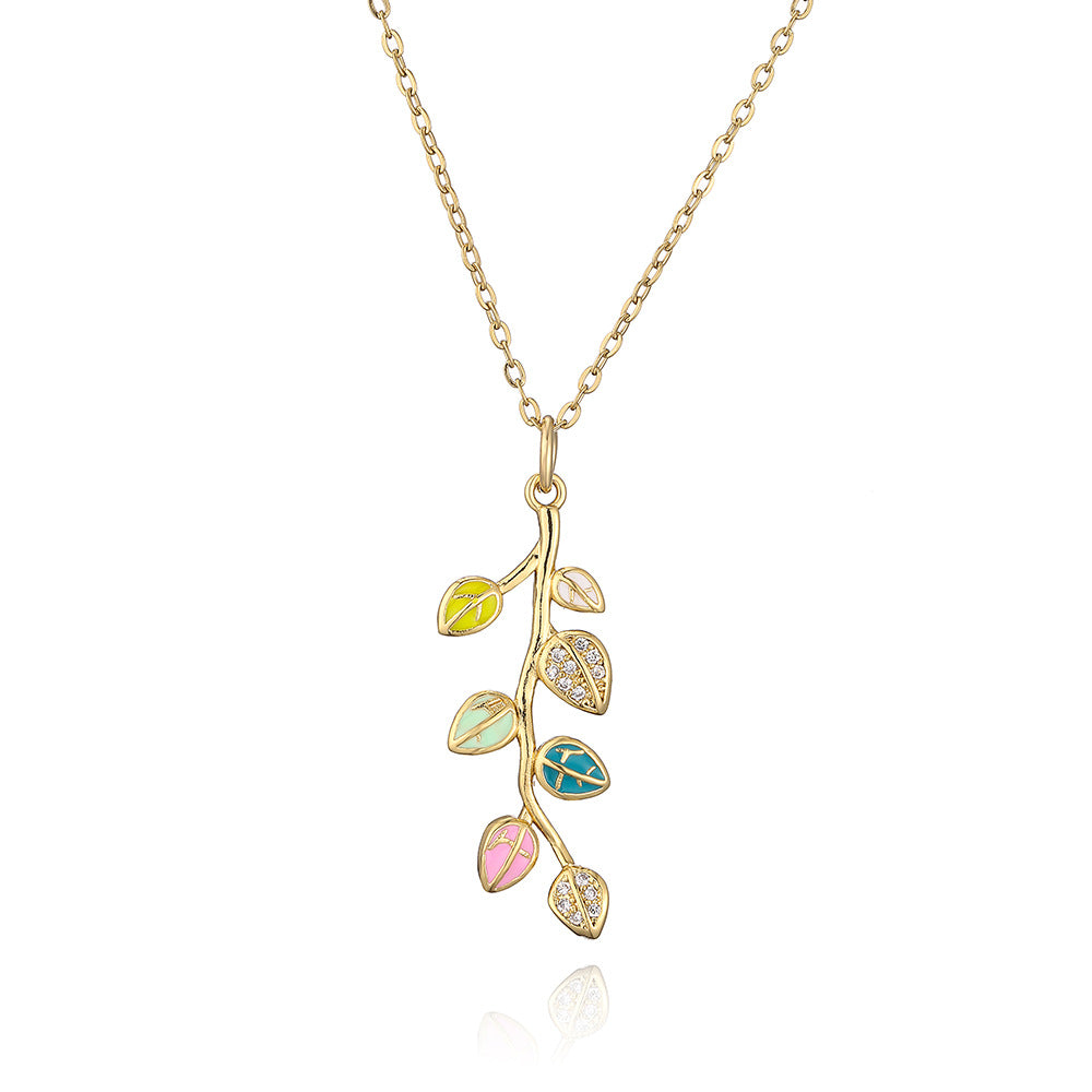 Elegant Enamel Zircon Leaf Pendant Necklace for Women in Copper with Real Gold Plating