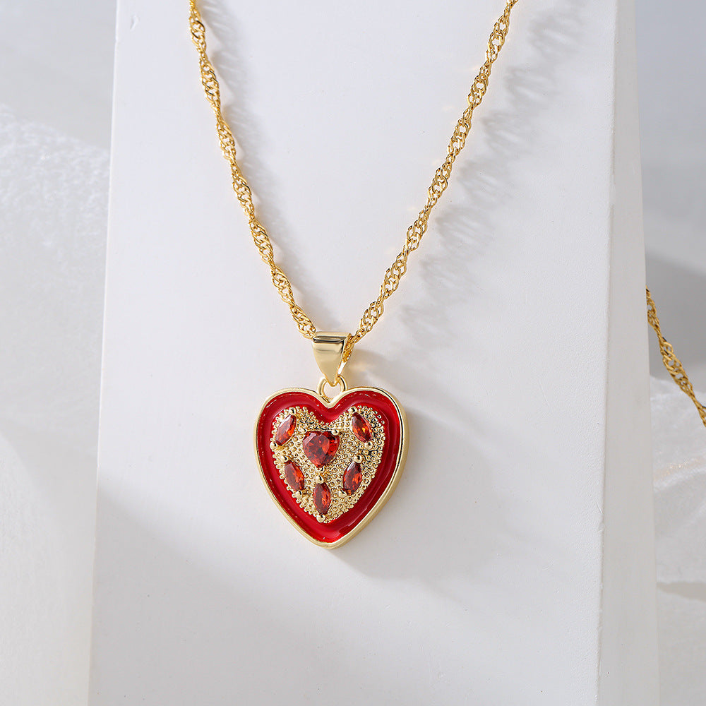 Collana a Cuore in Rame Stile INS Placcata Oro 18K con Ciondolo in Zirconi Micro-Incastonati da Donna