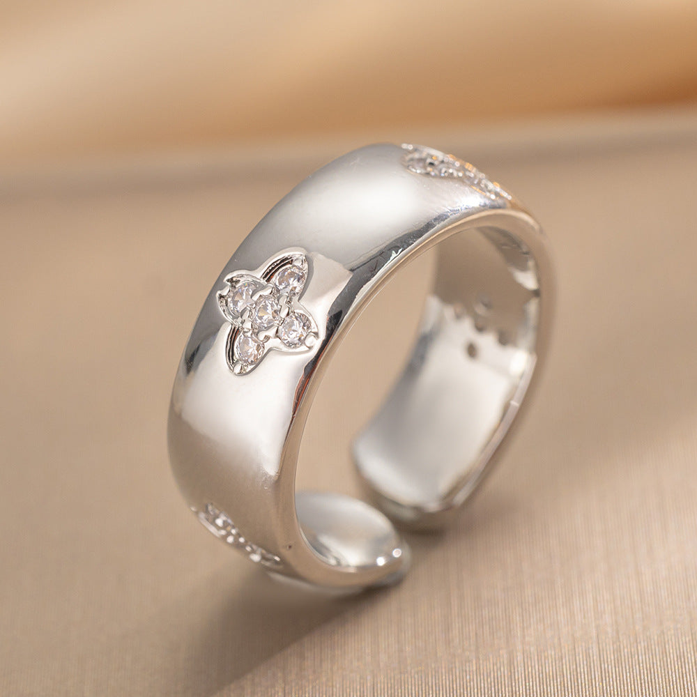 Luxury Minimalist Adjustable Open Ring for Women with Gold-Plated Copper Band and Zircon Stone Accent in Heart and Floral Shape
