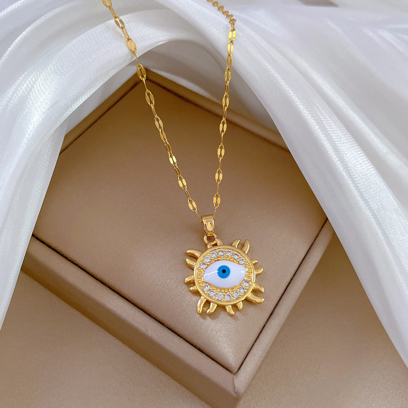 Collar con colgante de ojo turco geométrico minimalista para mujer y hombre, cadena de serpiente de acero inoxidable con incrustaciones de diamantes de imitación
