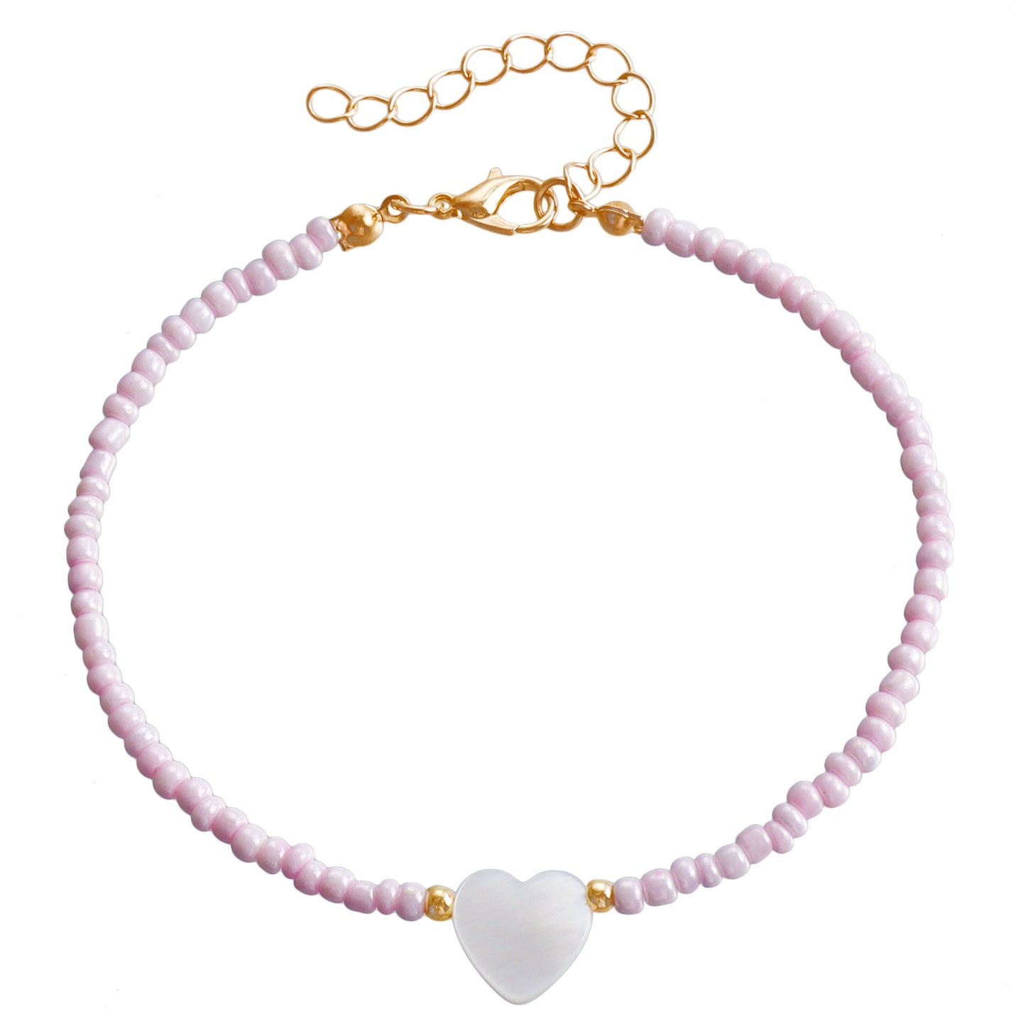 Bohemian Style Adjustable Anklet with Mother-of-Pearl Heart Charm and Colorful Seed Beads on Alloy Chain