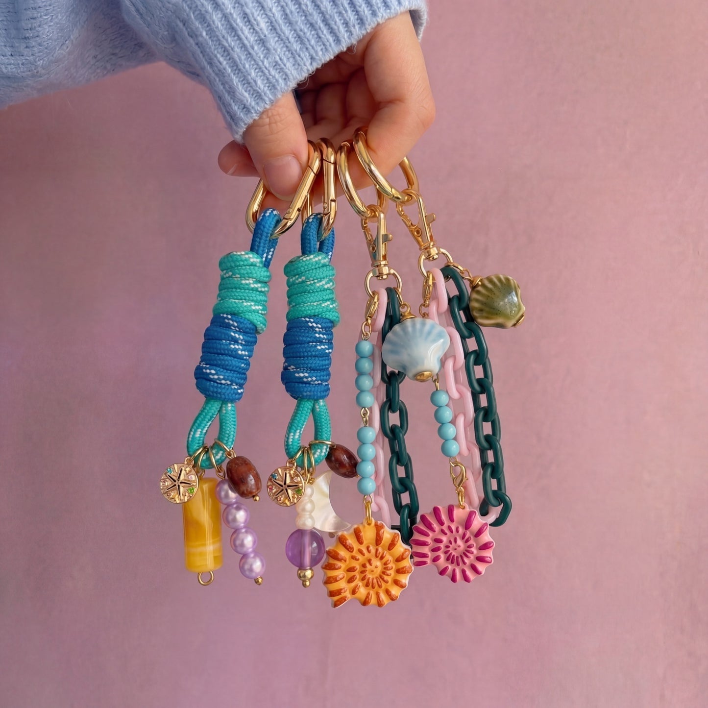 Sweet Striped Zinc Alloy Plated DIY Charm Bar Keychain with Conch and Starfish Elements for Women