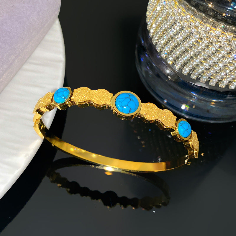 Minimalist Geometric Letter Turquoise Inlay Titanium Steel Bracelet for Women
