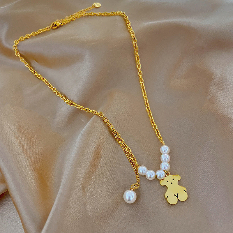 Hip-hop Gold Plated Titanium Steel Bear Pearl Necklace