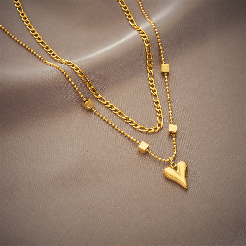 Minimalist Titanium Steel Heart and Square Pendant Necklace with Plated Finish for Women