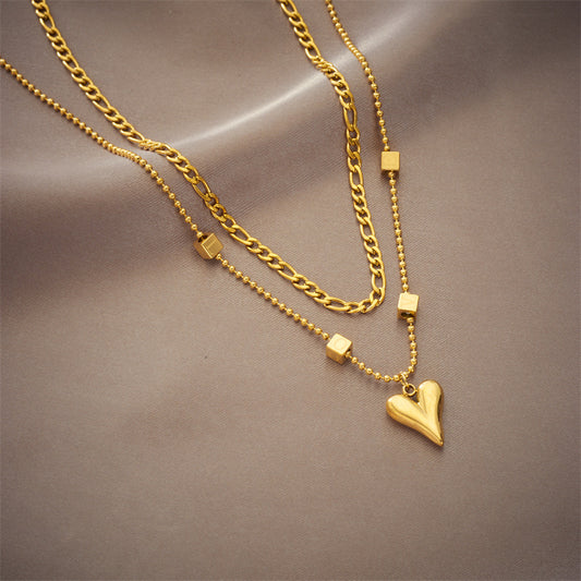 Collana Minimalista con Ciondolo a Cuore e Quadrato in Acciaio al Titanio, Placcata, per Donna