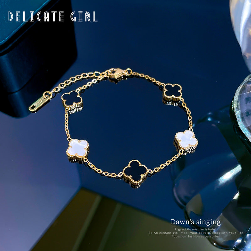 Minimalist Vintage Titanium Steel Box Chain Bracelet with Four-Leaf Clover and Mother-of-Pearl Accents