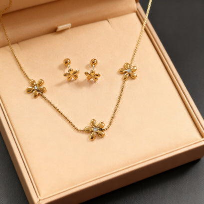 Vintage Elegant Floral Stainless Steel Plated Necklace Bracelet Earring Set for Women
