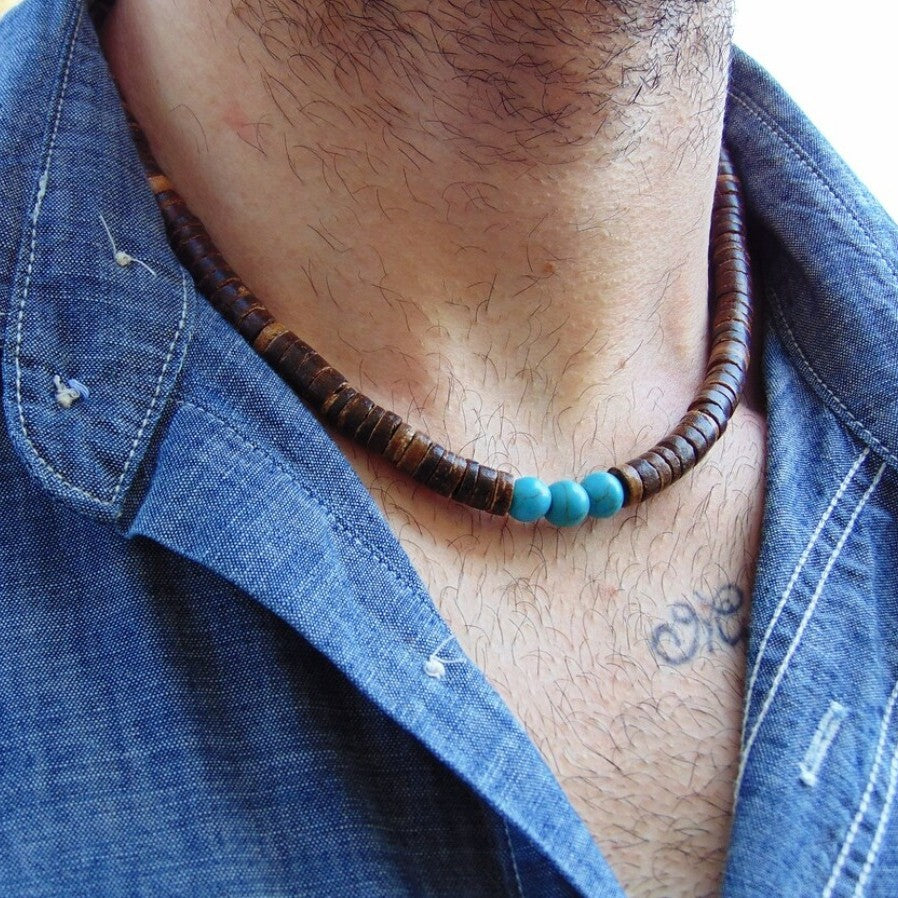 Vintage Bohemian Ethnic Geometric Wood Bead Turquoise Stainless Steel Ball Chain Necklace for Unisex