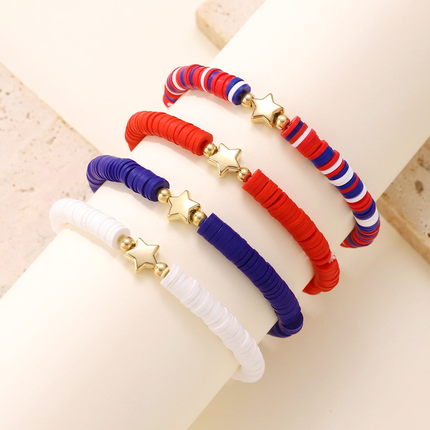 Patriotic Resin Beaded Bracelet Set with Heart Star Letter Charms and Rhinestone Accents