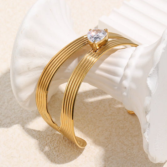 Minimalist Stainless Steel Plated 18K Gold Tone Geometric Stripe Cuff Bracelet with Zirconia Accents
