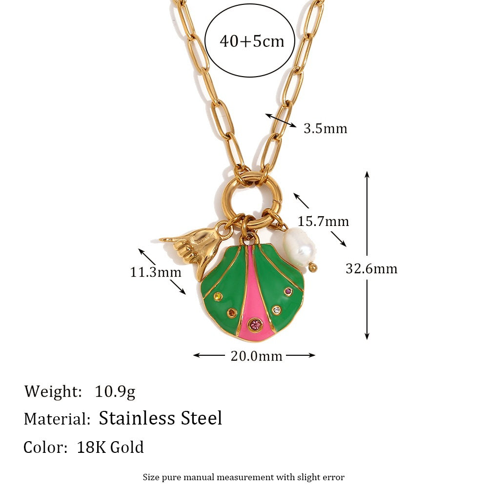 Collana con ciondolo in acciaio inossidabile geometrico minimalista alla moda con placcatura in oro 18 carati, dettagli in strass colorati, motivo a conchiglia e design a gesto della mano