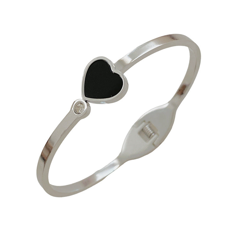 Fan Shaped Heart Rhinestone Inlaid Titanium Steel Plated Open Cuff Bracelet