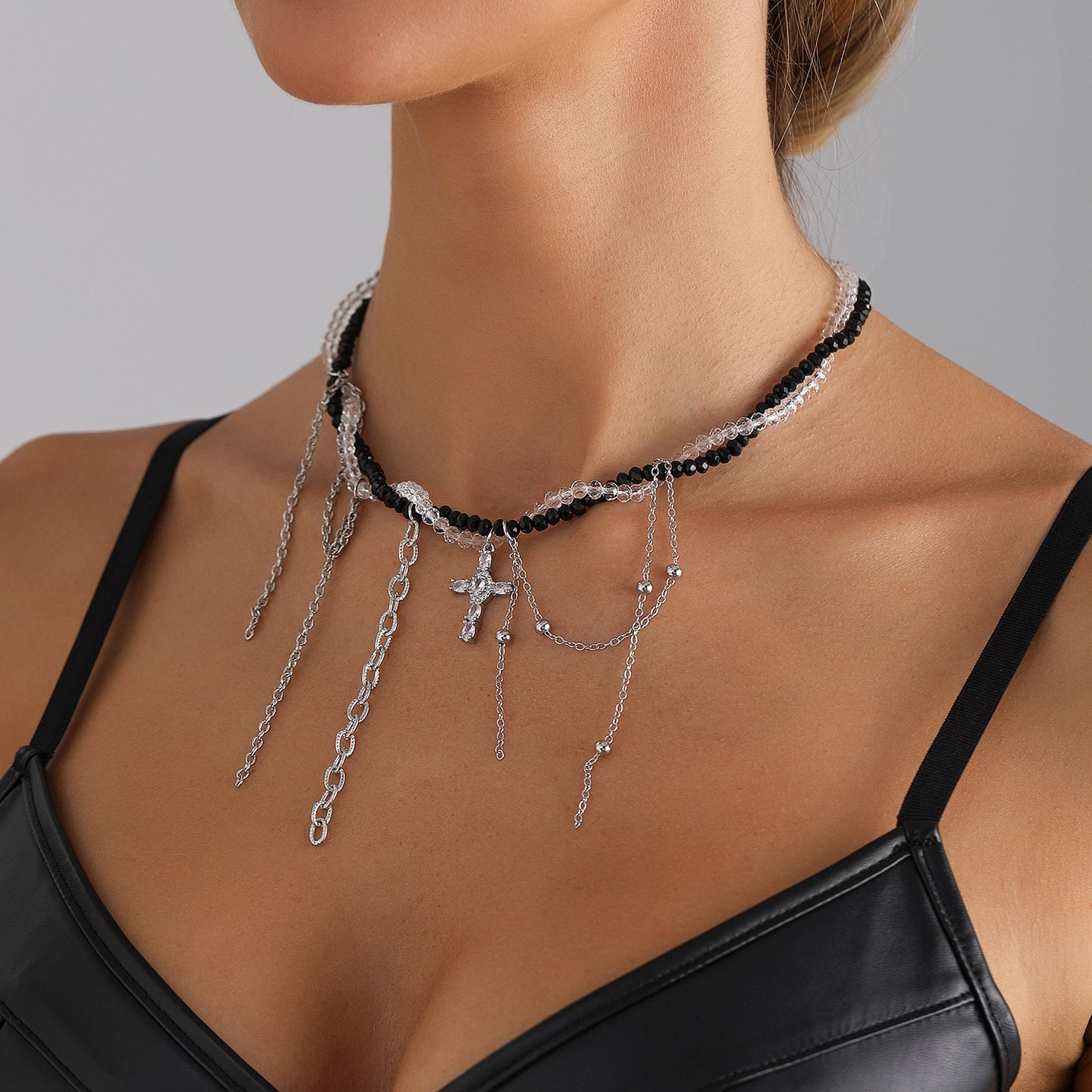 Gothic Streetwear Black and White Two-Tone Geometric Cross Alloy Pendant Necklace for Women