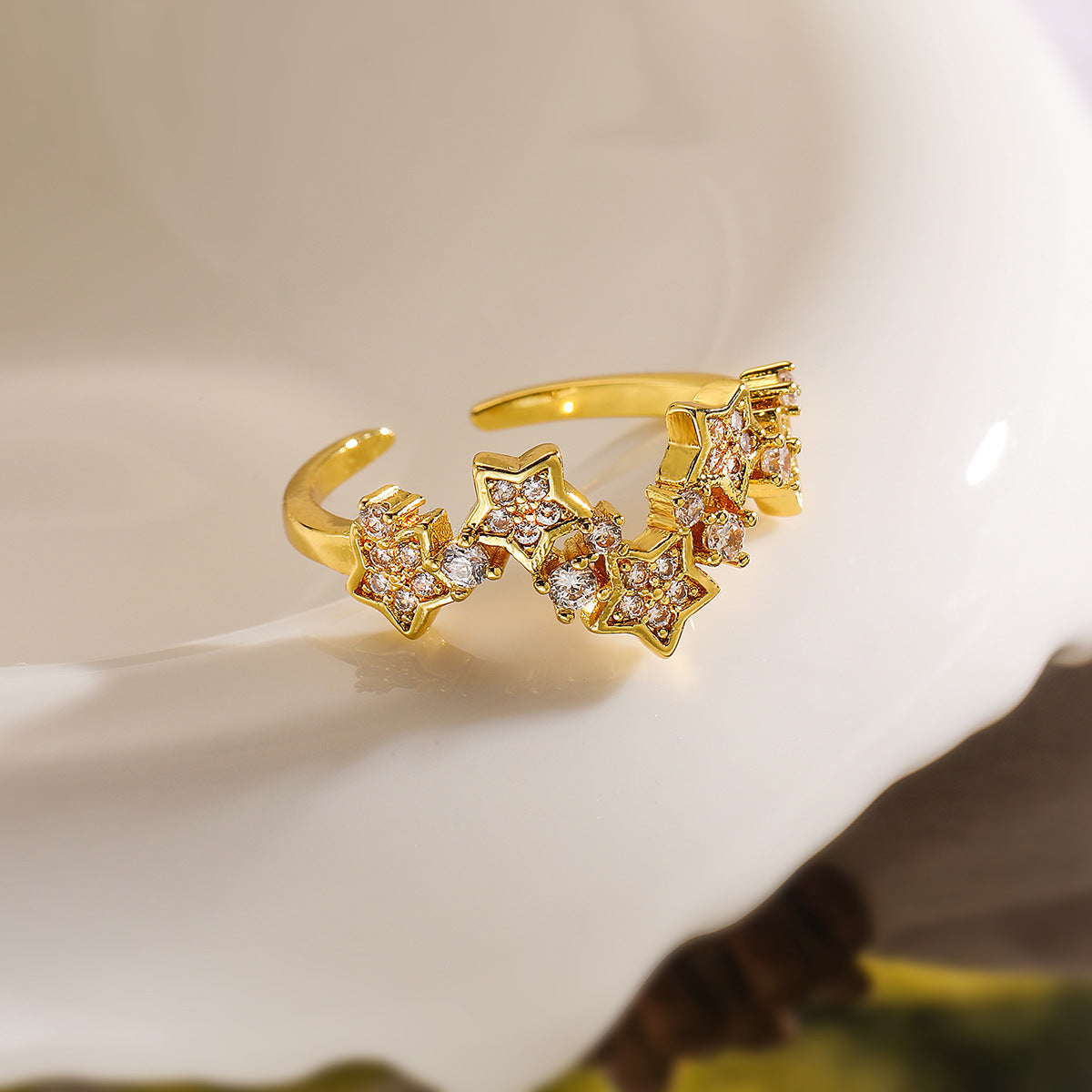 Minimalist Geometric Open Ring for Women in Copper with 18K Gold Plating and Zircon Inlay