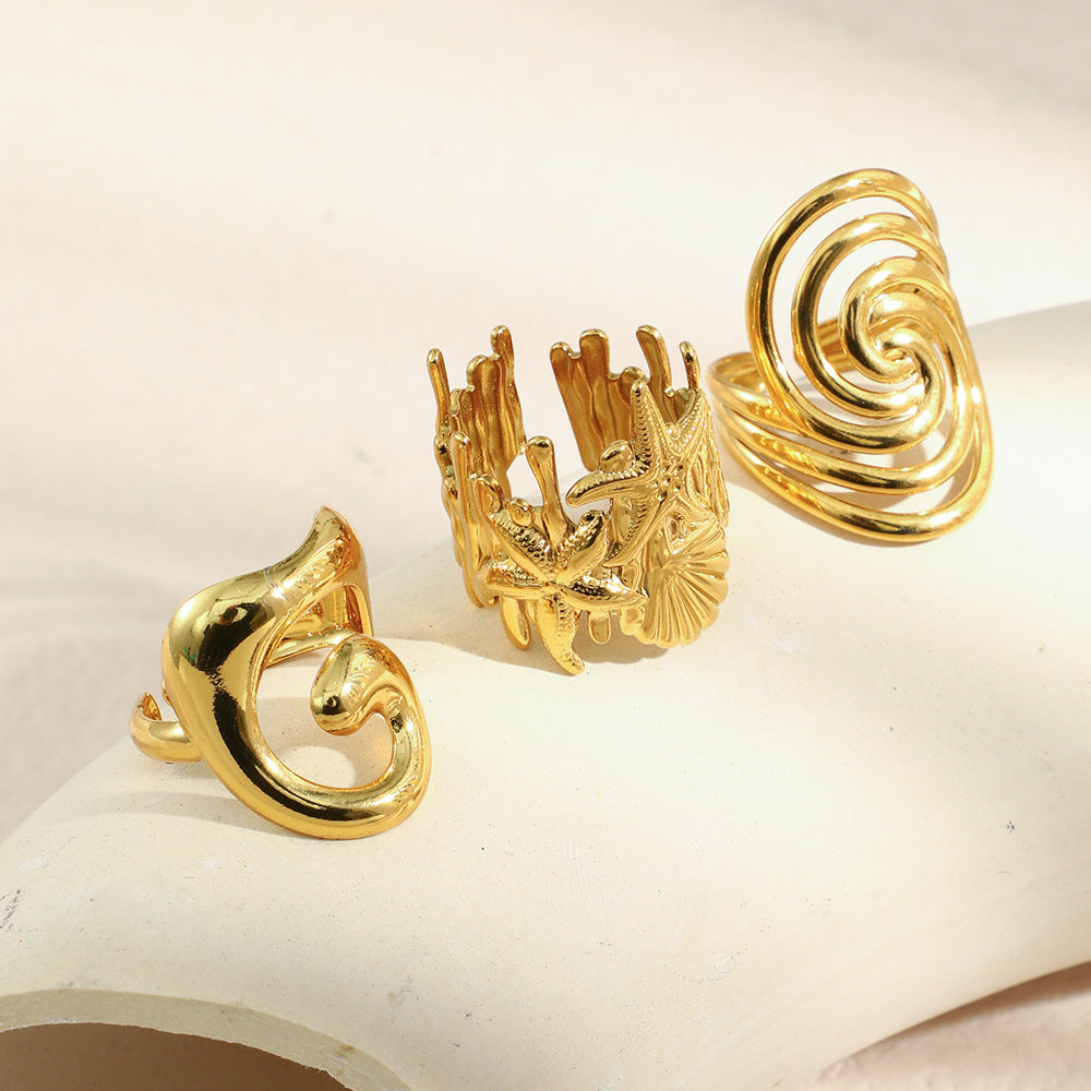 Anillo minimalista de acero inoxidable con forma de línea y baño de oro de 18K para mujer