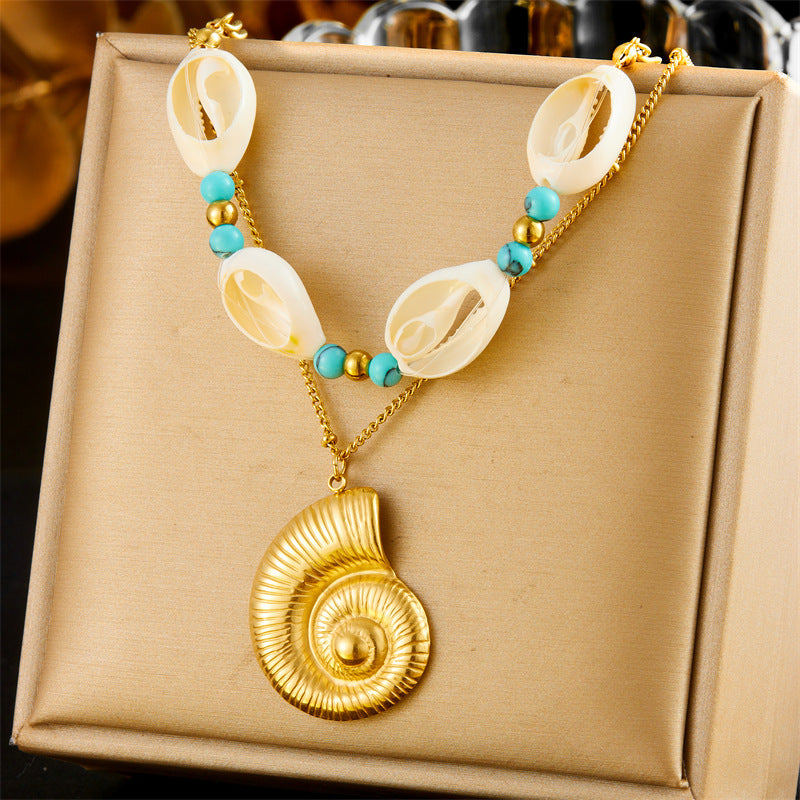 Vintage Trendy Turquoise Seashell Animal Pendant Necklace in Stainless Steel with Plated Finish