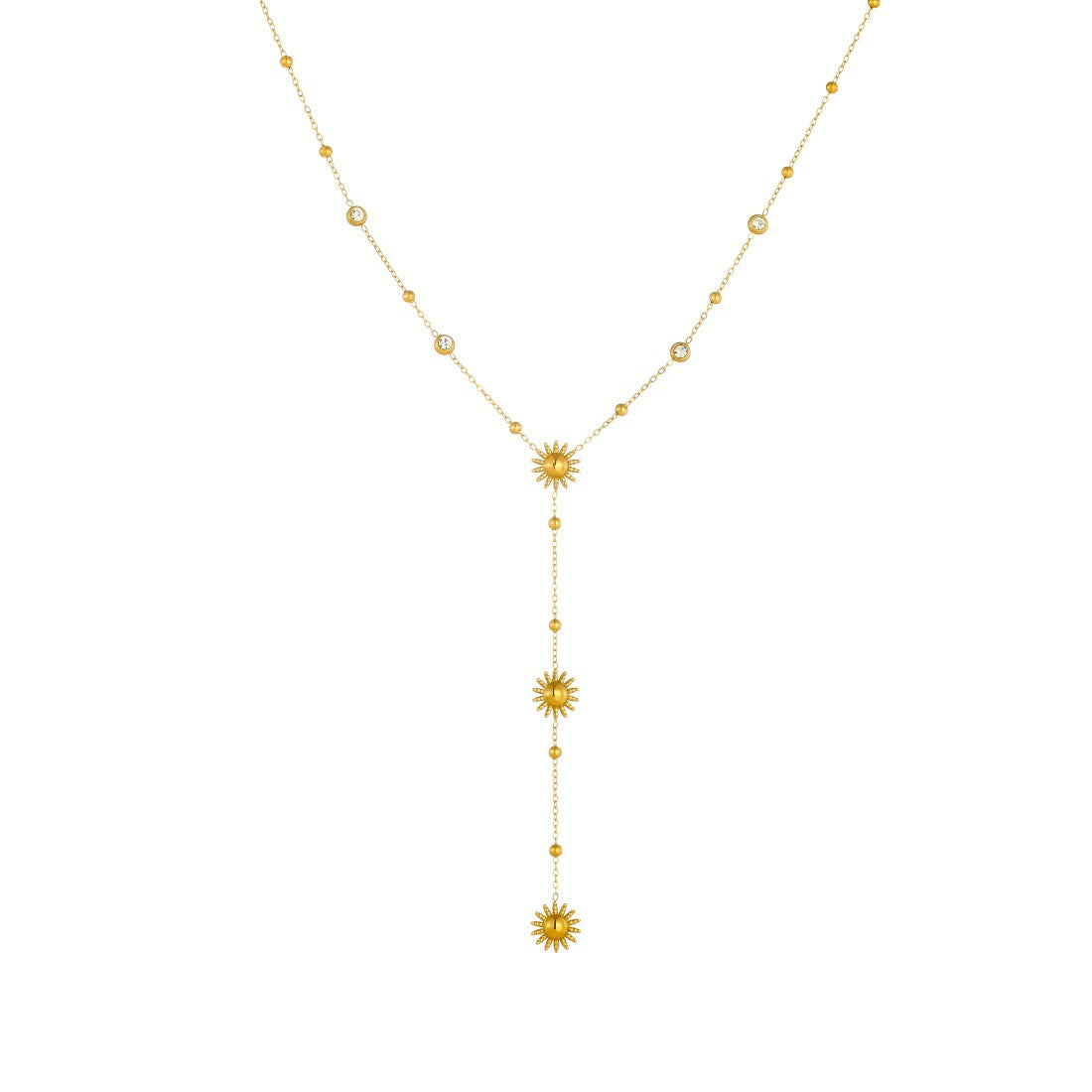 Elegant Stainless Steel Sunflower Pendant Necklace with Rhinestone Inlay and Tassel Detail for Women