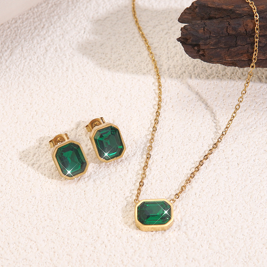 Elegant Geometric Stainless Steel Necklace and Earring Set with Cubic Zirconia Inlay