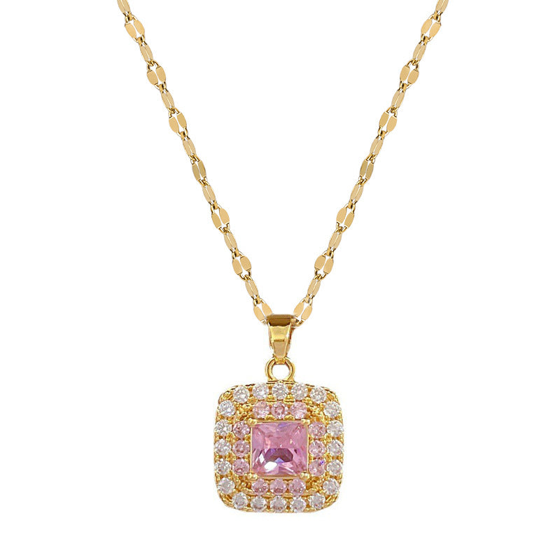 Luxury Titanium Steel Geometric Square Pendant Necklace and Earrings Set with Rhinestone Inlay for Women Formal Events