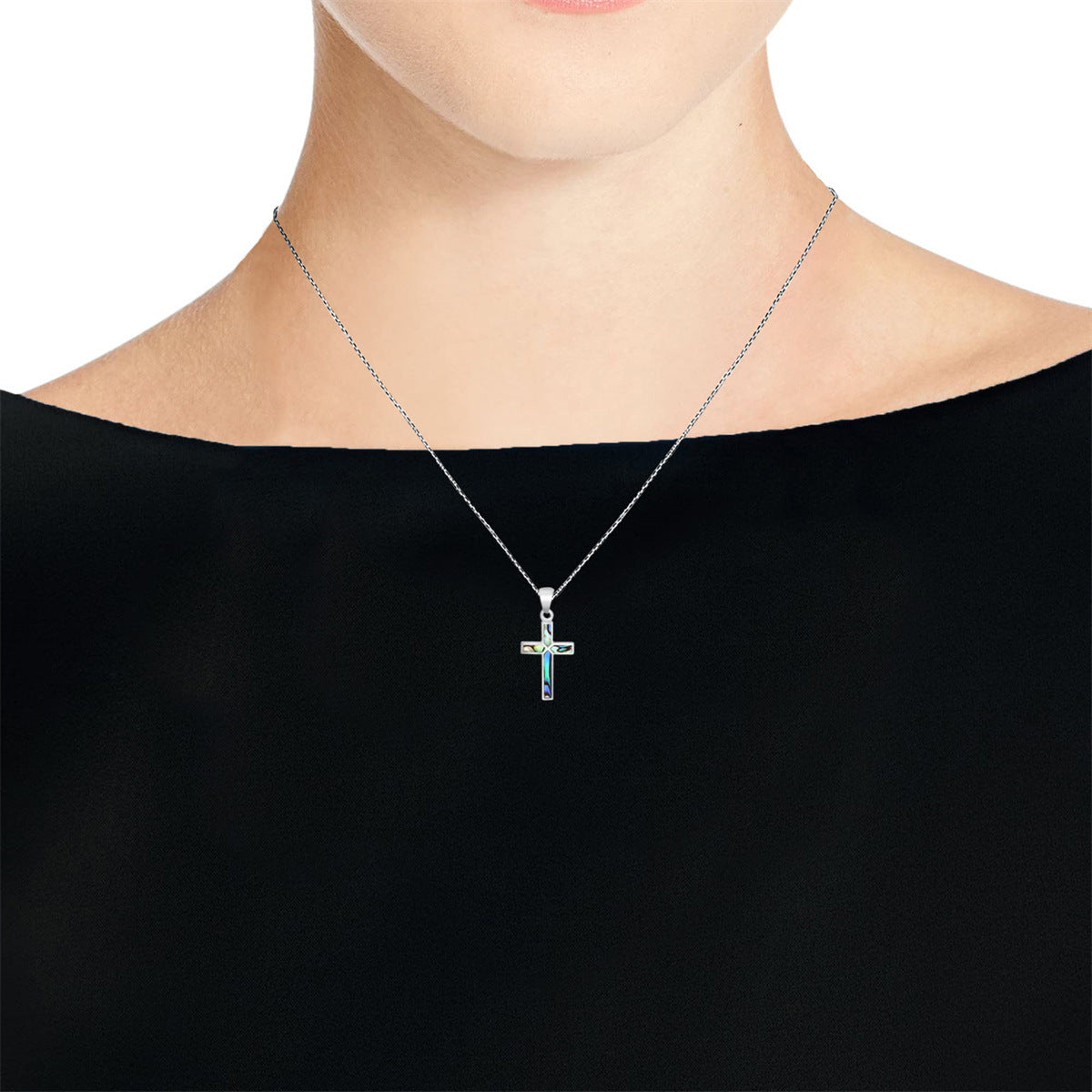 Natural Style Rainbow-Colored Cross Pendant Necklace in Stainless Steel with Abalone Shell Inlay for Women