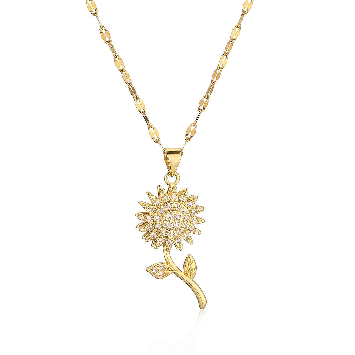Minimalist Sunflower Pendant Necklace for Women with Rotating Design, Copper Base Plated in Real Gold, Zircon Inlay, Delicate Clavicle Chain