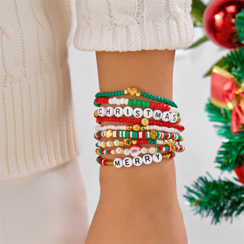 Handmade Christmas Style Beaded Bracelet Set with Alphabet Charms and Polymer Clay Beads in Alloy for Unisex Wear