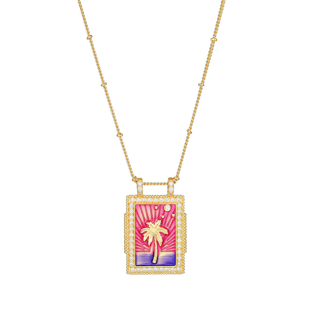 Geometric Gold Plated Brass Drip Oil Cubic Zirconia Inlay Tarot Necklace with Cable Chain