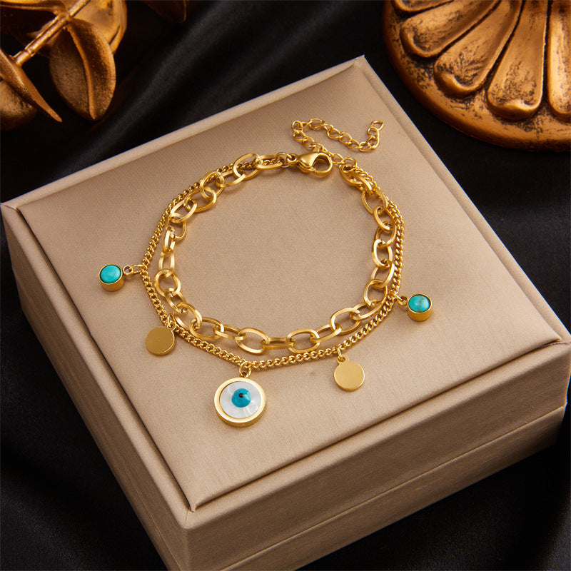 Bracciale Minimalista in Acciaio al Titanio a Strati con Ciondolo a Cuore, Cerchio, Sorriso, Farfalla e Occhio