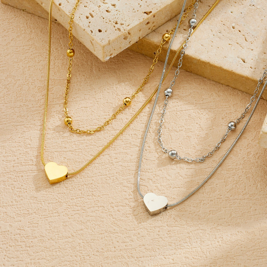 Minimalist Heart Gold Plated Stainless Steel Necklace with Beaded Double Layer Snake Chain for Women