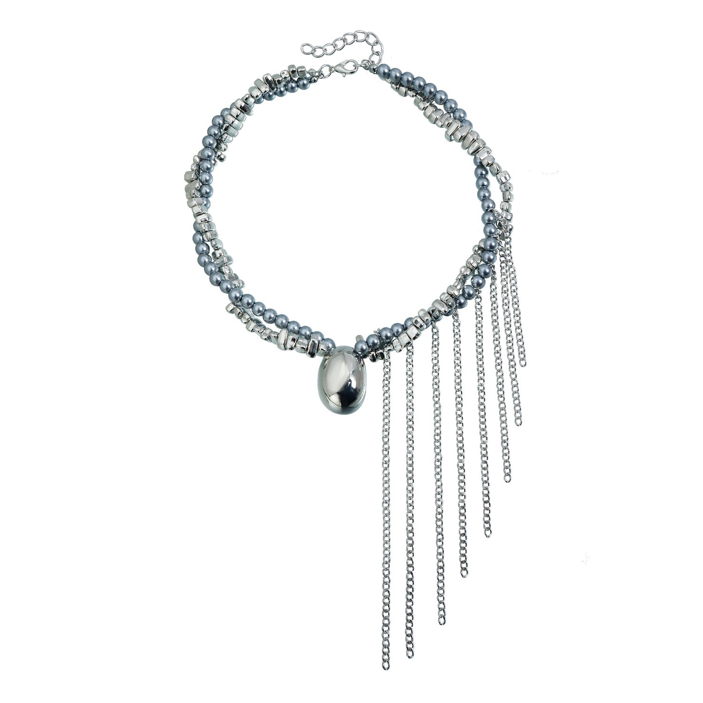 Minimalist Geometric Oval Alloy Plated Ball Chain Necklace with Tassel Multi-Layer Statement Piece for Women
