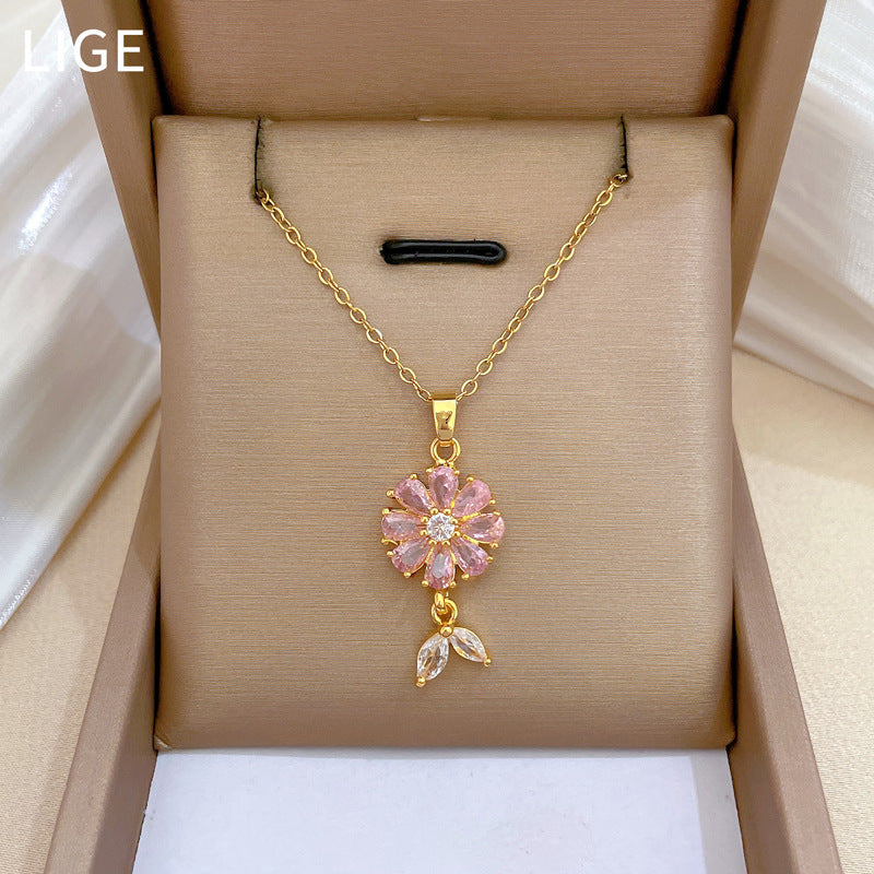 Luxury Titanium Steel Flower and Leaf Pendant Necklace Set with Rhinestone Inlay for Women Geometric Design Elegant Evening Party Jewelry