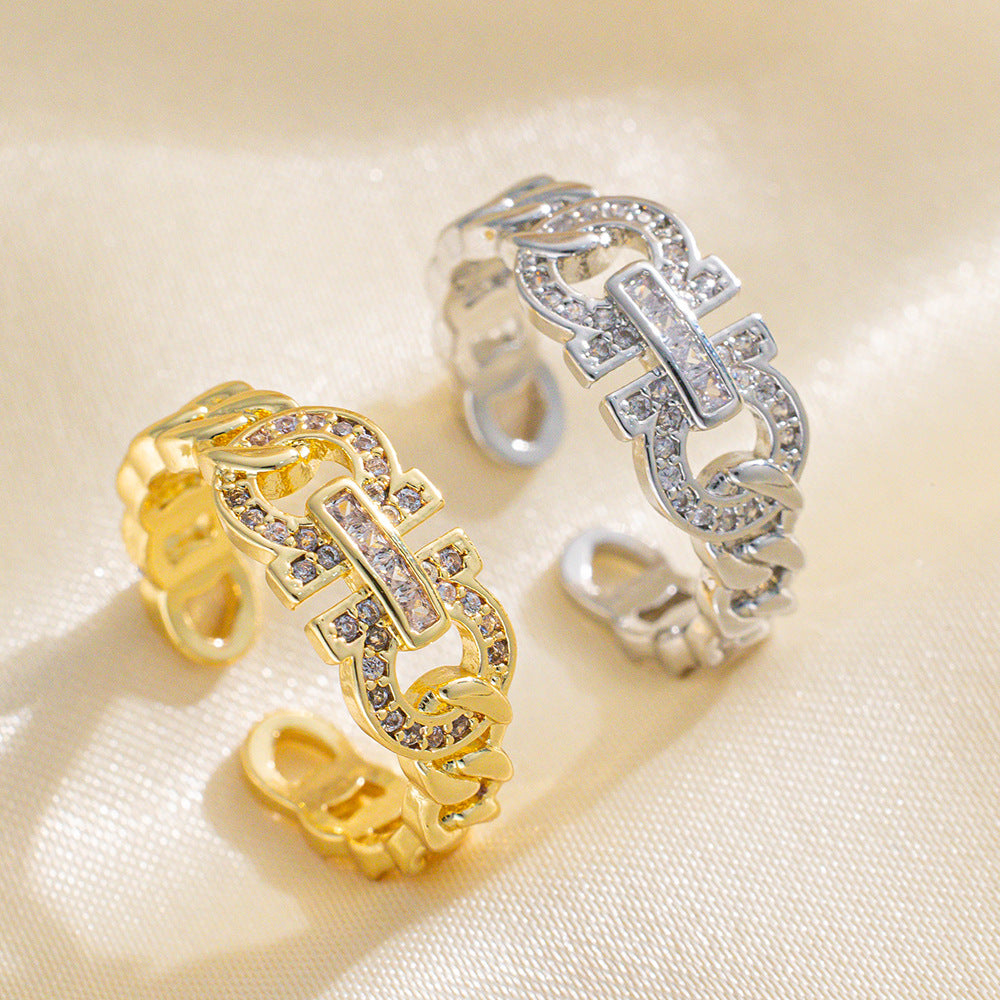 Light Luxury Geometric Adjustable Open Ring for Women with 18K Gold Plated Copper and Letter Accent