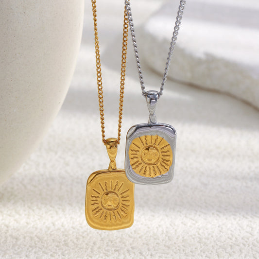 Minimalist Geometric Sun Face Pendant Necklace for Women in Stainless Steel with 18K Gold Plating Lightweight Luxury Design