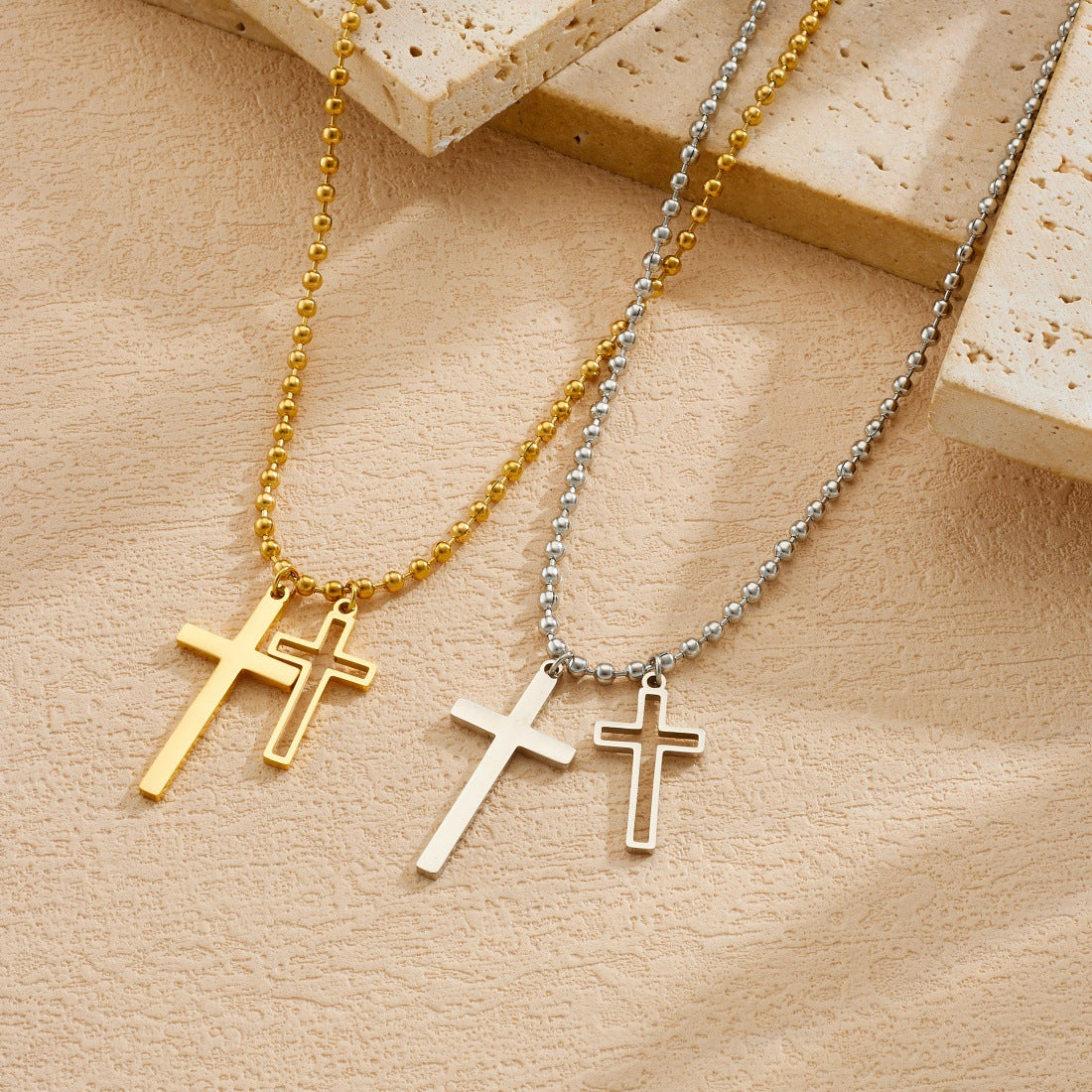 Gold Plated Stainless Steel Cross Pendant Necklace Ball Chain