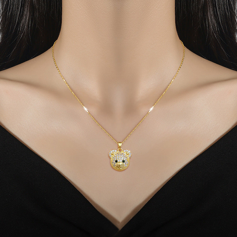 Collana con Ciondolo Orsetto Geometrico in Acciaio al Titanio di Lusso per Donna con Intarsio di Strass, Catena a Serpente Regolabile da 21-50 cm, Gioielli Delicati per Clavicole
