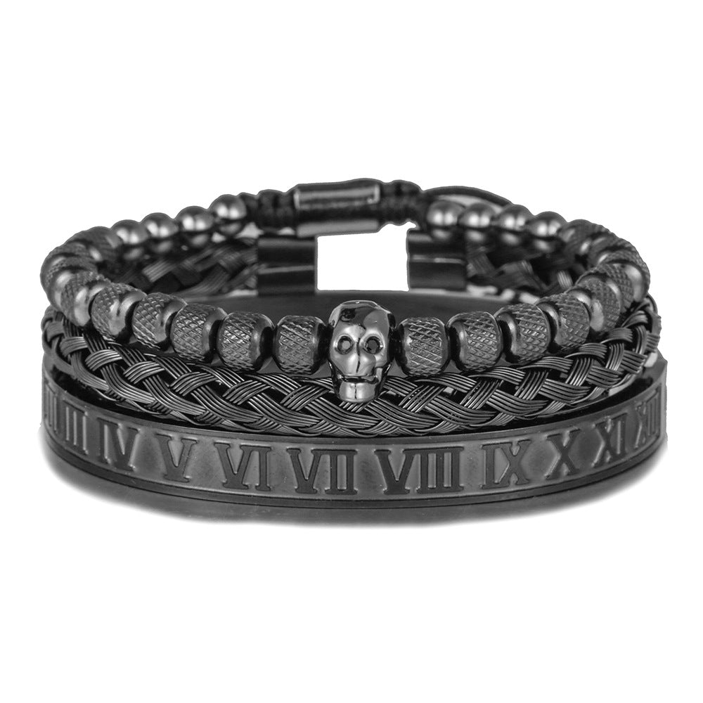Vintage Streetwear Skull Letter Number Braided Titanium Steel Bracelet with Cubic Zirconia