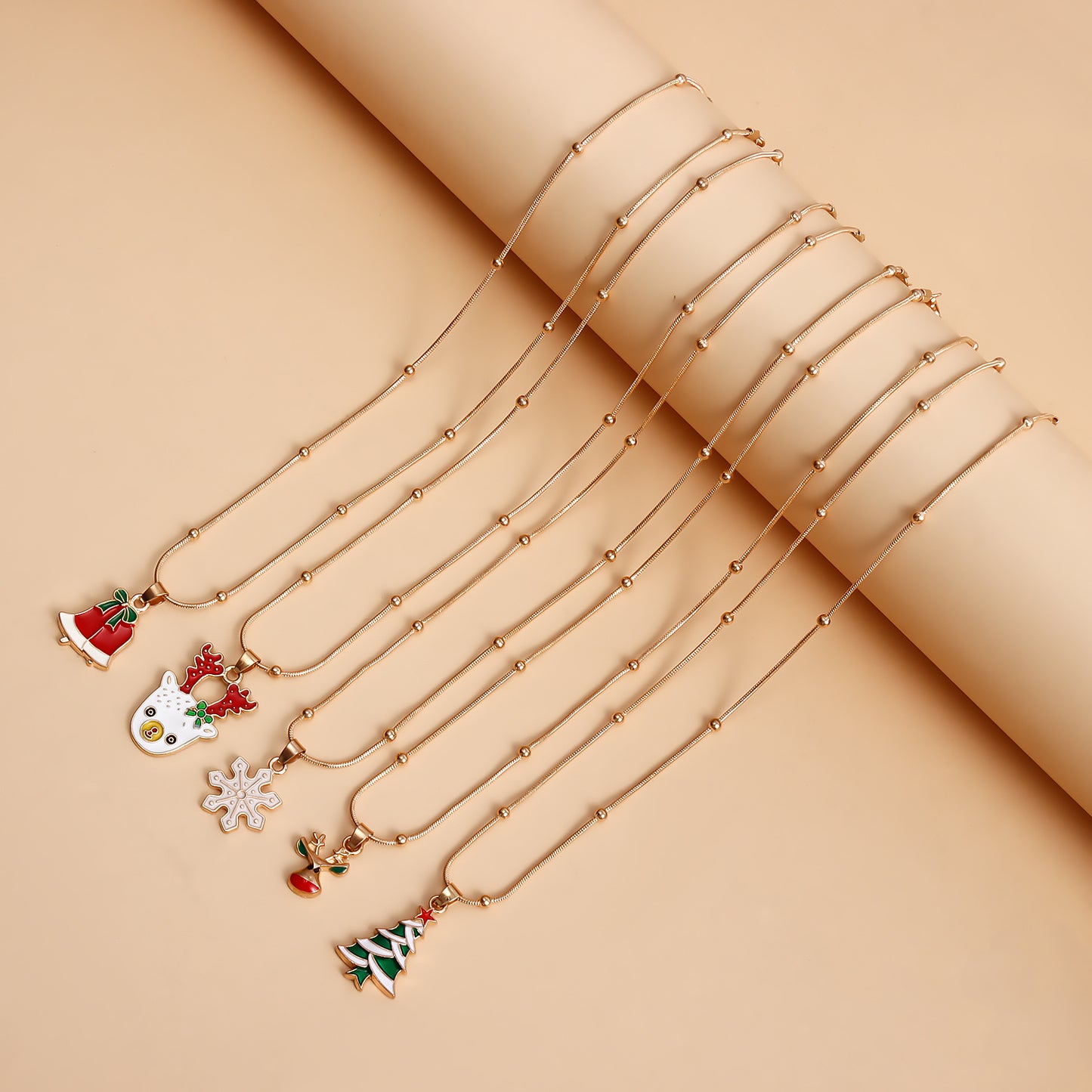 Vintage Christmas Necklace for Women with Geometric Pendant, Electroplated Metal Choker Chain, Santa and Snowflake Enamel Design