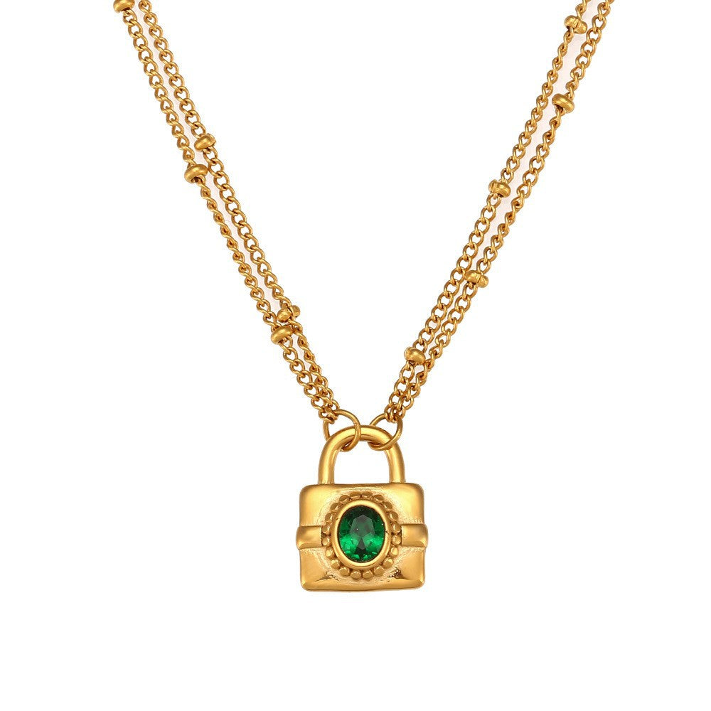 Collana con Pendente Geometrico alla Moda in Acciaio Inossidabile con Placcatura in Oro 18K, Accenti in Acciaio al Titanio, Accenti di Strass e Dettaglio con Frange per Donna