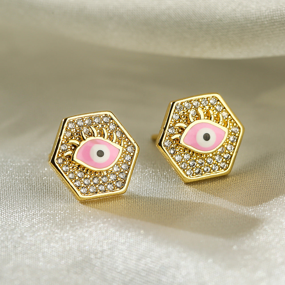 Geometric Demon Eye Earrings for Women with Copper Base Plated in Real Gold and Micro-Paved Zirconia with Enamel Detailing