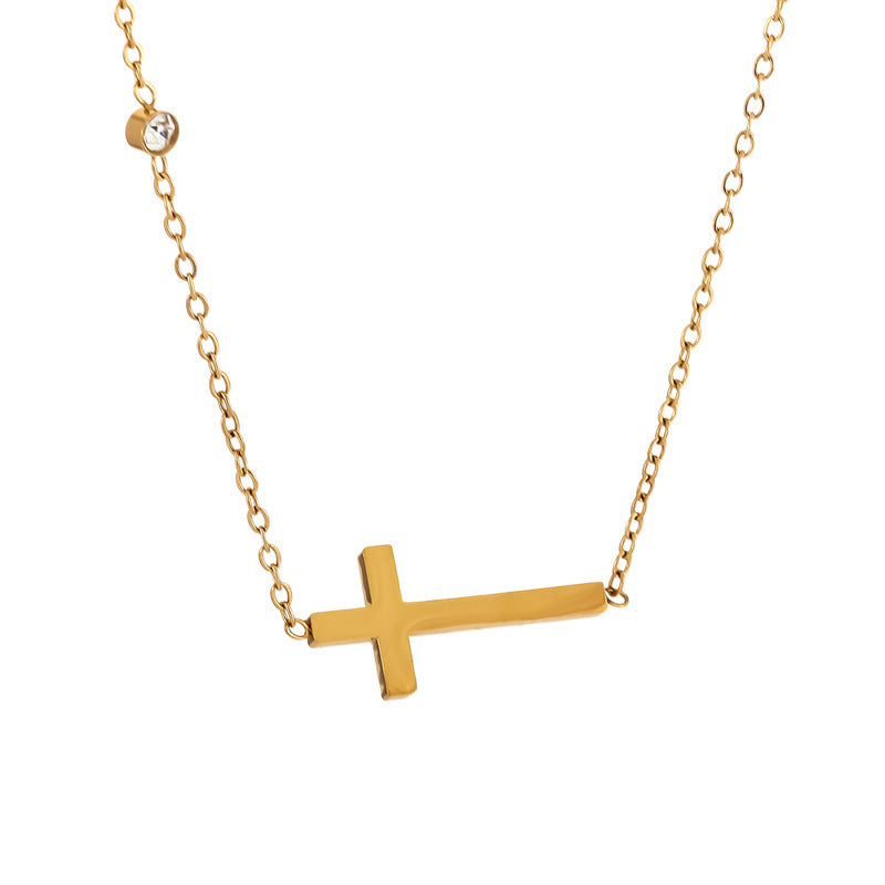 Casual 18K Gold Plated Stainless Steel Cross Necklace with Cubic Zirconia for Women