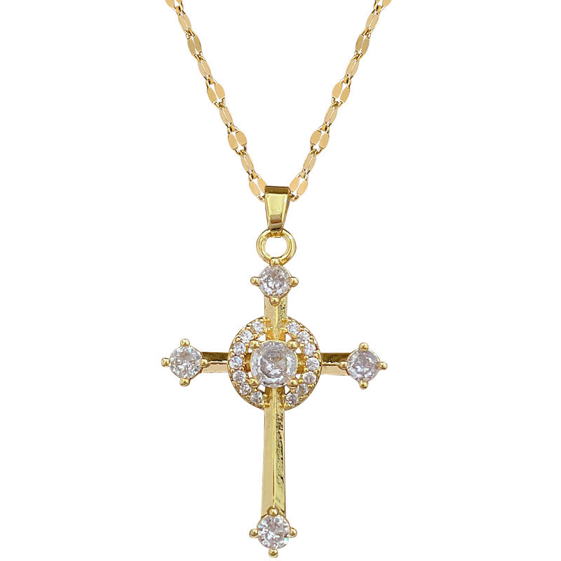 Collana con pendente di lusso Sweet Cross in zirconi e catena a collare in acciaio al titanio